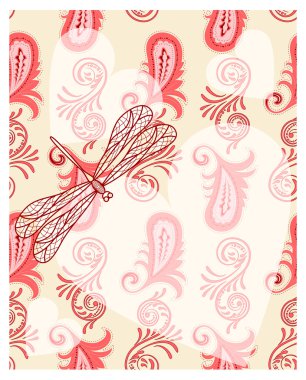 Vector transparent hearts with dragonfly on seamless paisley pattern.4 clipping masks. eps 10/ clipart