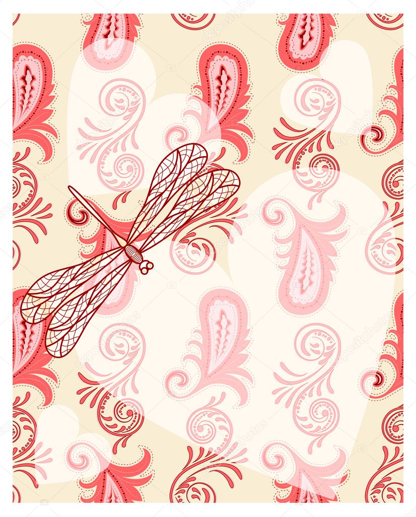 Vector transparent hearts with dragonfly on seamless paisley pattern.4 clipping masks. eps 10/