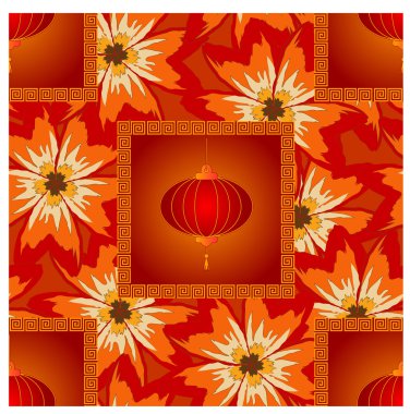 vector seamless ornament with chinese lanterns on seamless flowe clipart