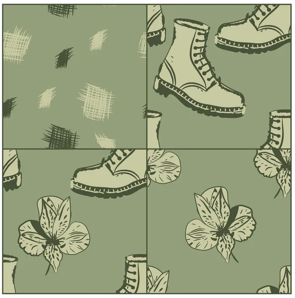 Un ensemble de milieux de grunge sans couture vectoriels avec des bottes et des roses — Image vectorielle