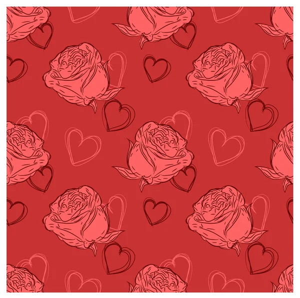 Vector seamless background with roses and hearts — Stock Vector