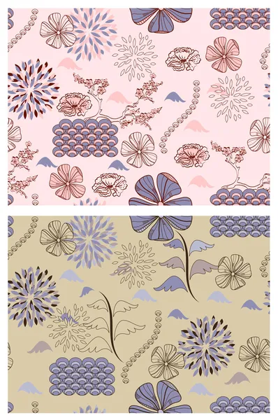 Zwei Vektor Japanischen Stil Nahtlose Frühling Florale Muster Clipping Masken — Stockvektor