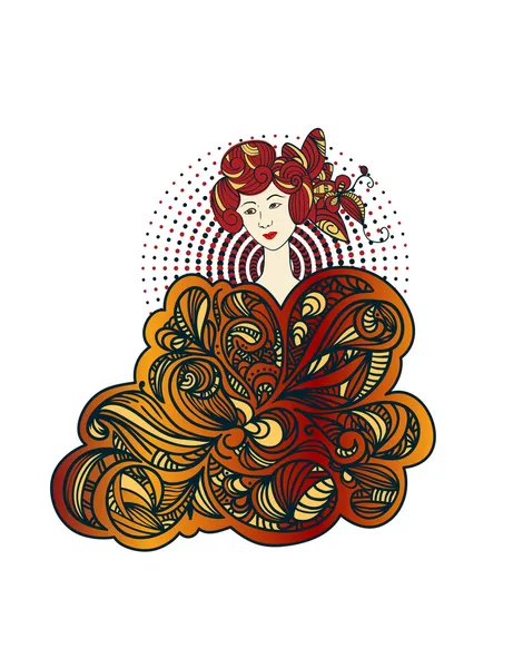 Красива азіатська жінка з абстрактним квітковим орнаментом навколо — стоковий вектор