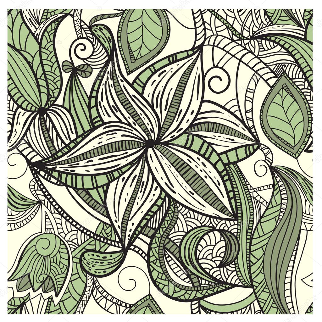 seamless hand drawn floral pattern in green