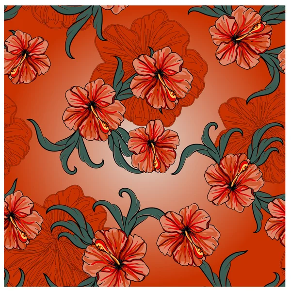 Άνευ ραφής άνοιξη μοτίβο με hibiscus τα λουλούδια και τα φύλλα — Διανυσματικό Αρχείο