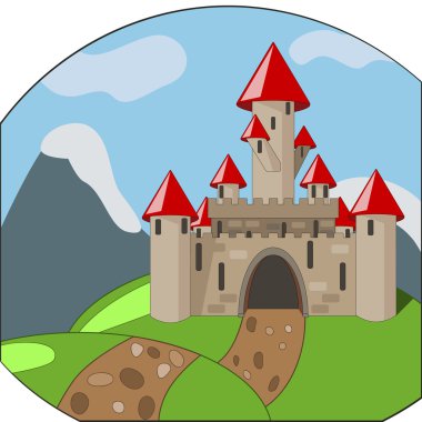 cartoon castleon background with mountains clipart