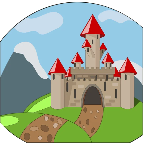 Fondo de castillo de dibujos animados con montañas — Vector de stock