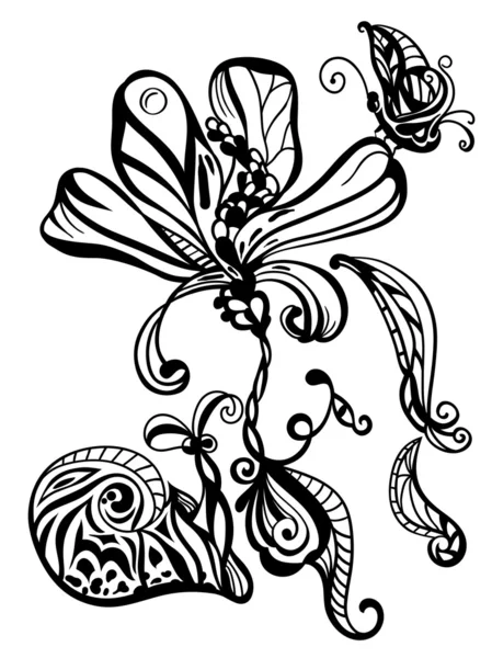 Abstrato flor desenhada à mão, caracol e borboleta — Vetor de Stock