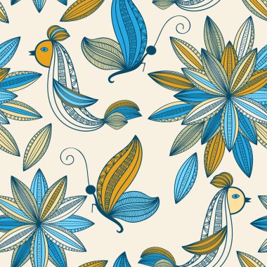 seamless background with plants, birds, and butteflies clipart