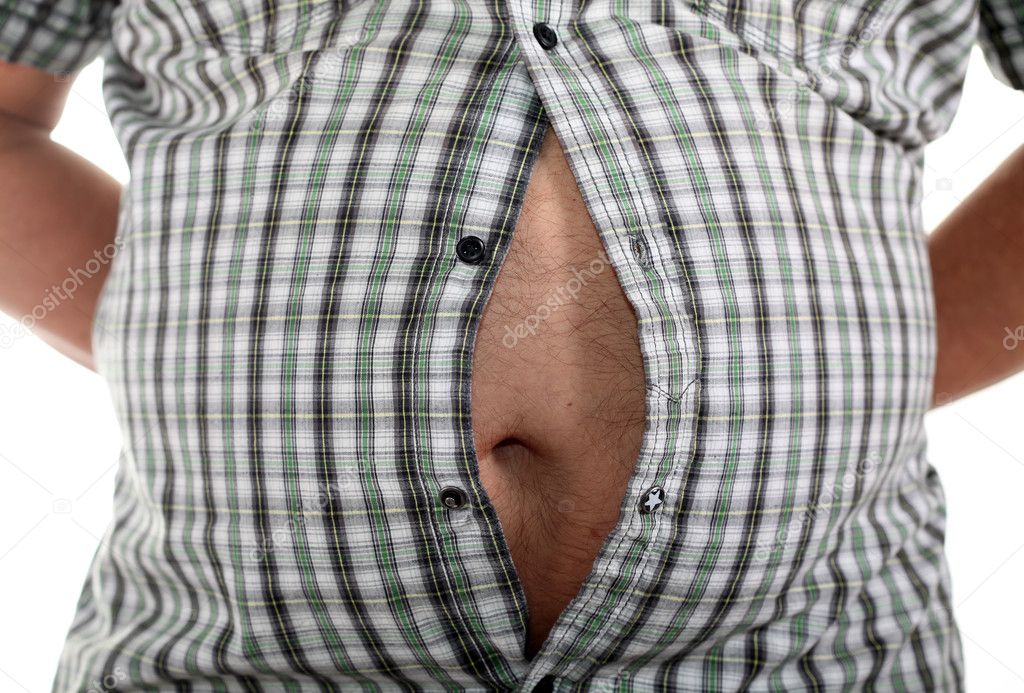 Stomach bursting through the shirt.