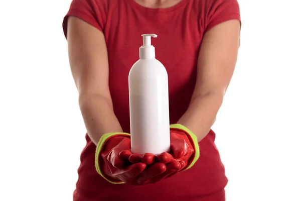 Žena v červené gumové rukavice — Stock fotografie