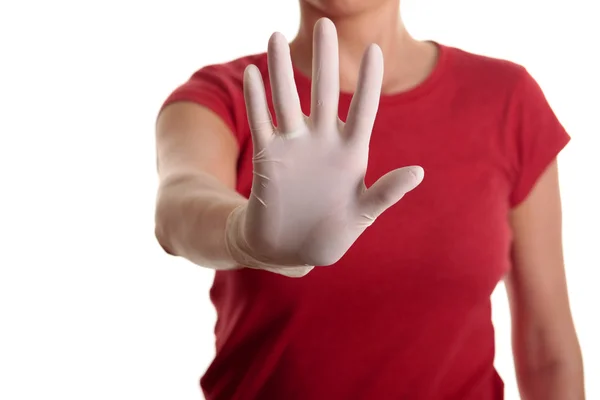 Woman in red dress and white glove — Stock Photo, Image