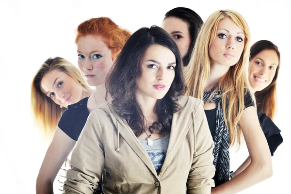 Gelukkig meisjes groep geïsoleerd op witte achtergrond — Stockfoto