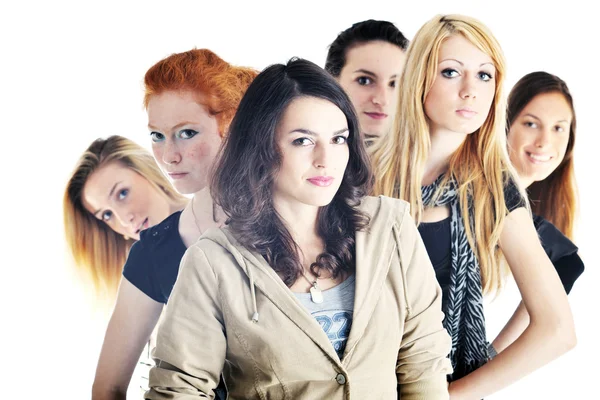 Beyaz arka plan üzerinde izole mutlu kızlar grup — Stok fotoğraf