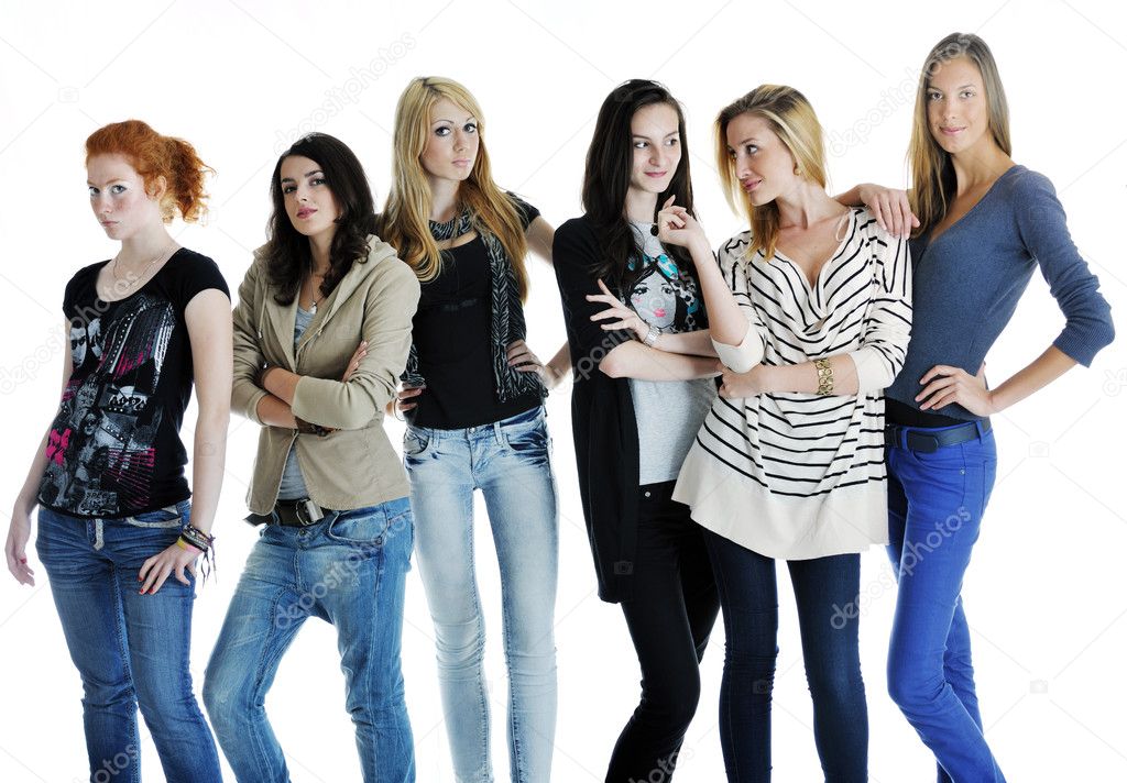 Happy girls group isolated on white background