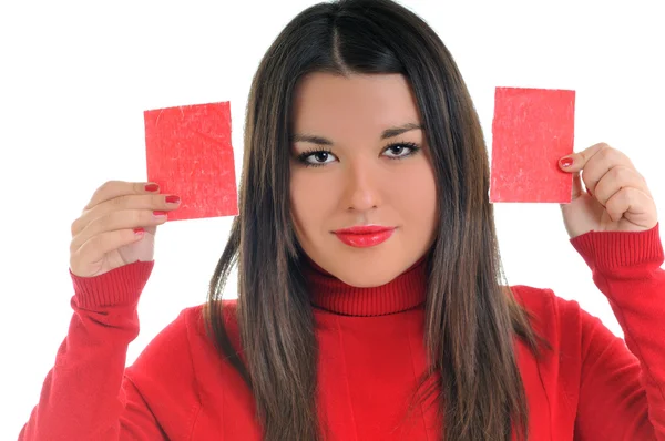 Genç iş kadını smal kırmızı pape tutun — Stok fotoğraf