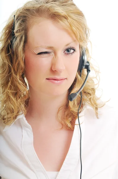Business blonde woman with headset — Stock Photo, Image