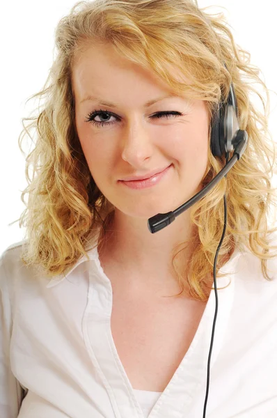 Biznes blond kobieta z zestawu słuchawkowego — Zdjęcie stockowe
