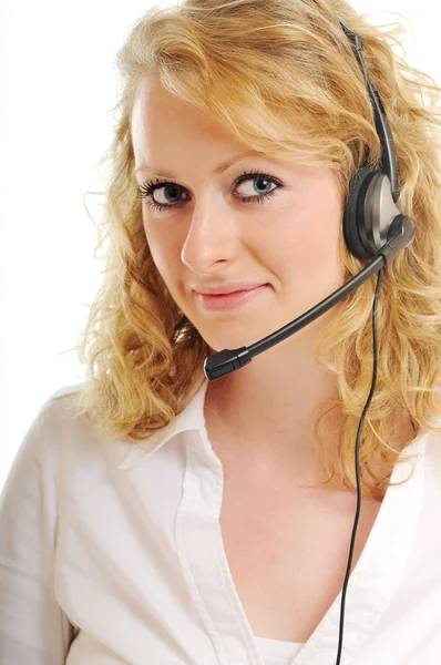 Biznes blond kobieta z zestawu słuchawkowego — Zdjęcie stockowe