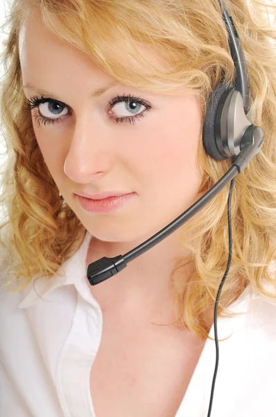 Obchodní blonďatá žena s headsetem — Stock fotografie