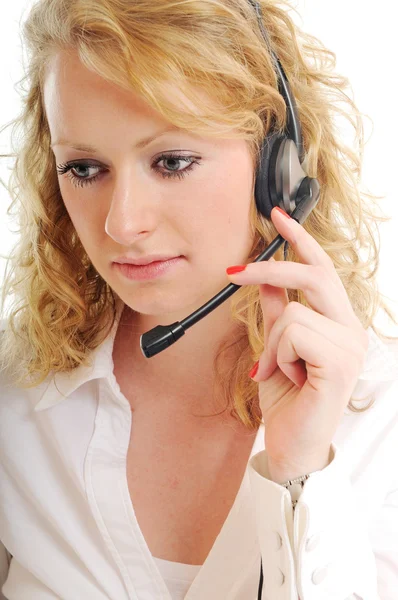 Mujer rubia de negocios con auriculares — Foto de Stock