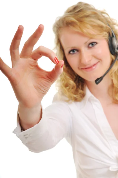 Mujer rubia de negocios con auriculares — Foto de Stock