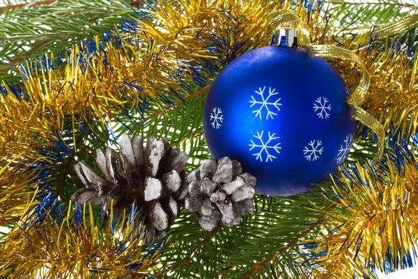 Blauwe bal en kegels op fir boomtakken — Stockfoto