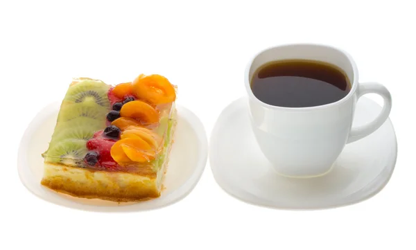 Curd tårta med frukter och kaffe — Stockfoto