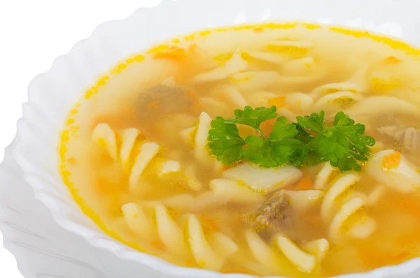 Close Soup Macaroni Meat Isolated White — Zdjęcie stockowe