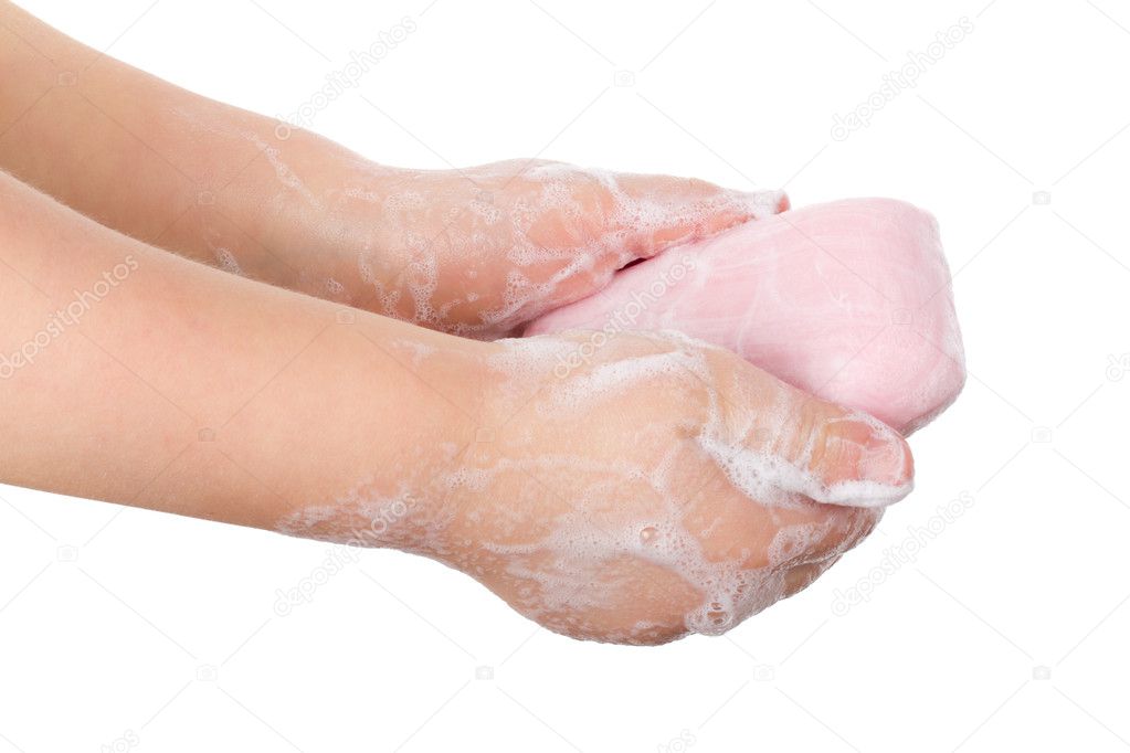 Toilet soap in child's hands