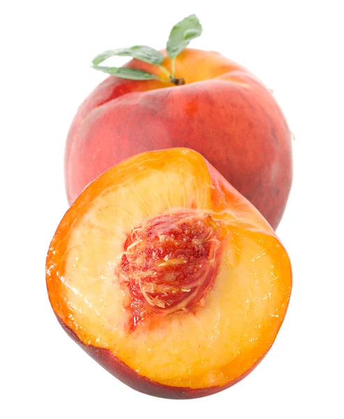 Close Ripe Peach Leaves Isolated White — Stock Photo, Image