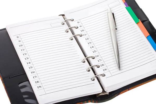 Notebook aberto e caneta — Fotografia de Stock