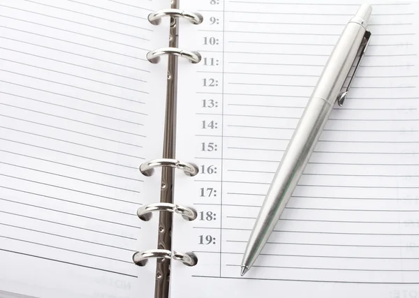 Notebook aberto e caneta — Fotografia de Stock