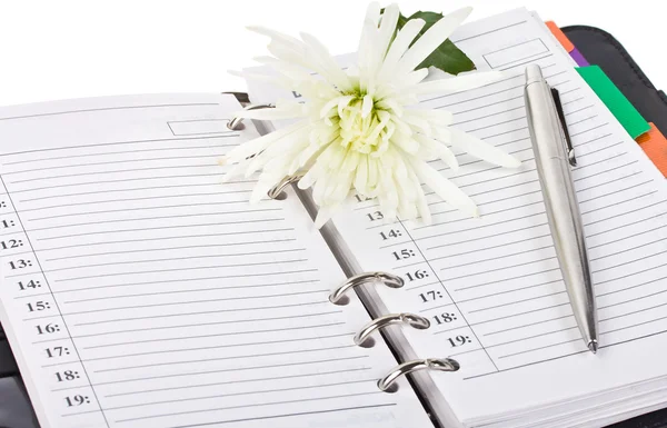 Άνοιξε σημειωματάριο, στυλό και λουλούδι — Φωτογραφία Αρχείου