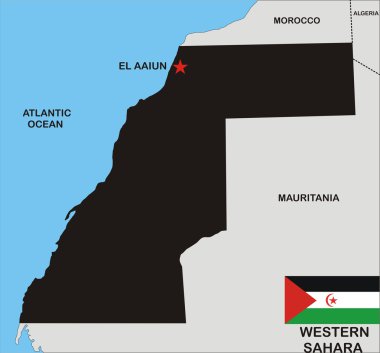 Black map of Western Sahara country with neighbours and national flag clipart