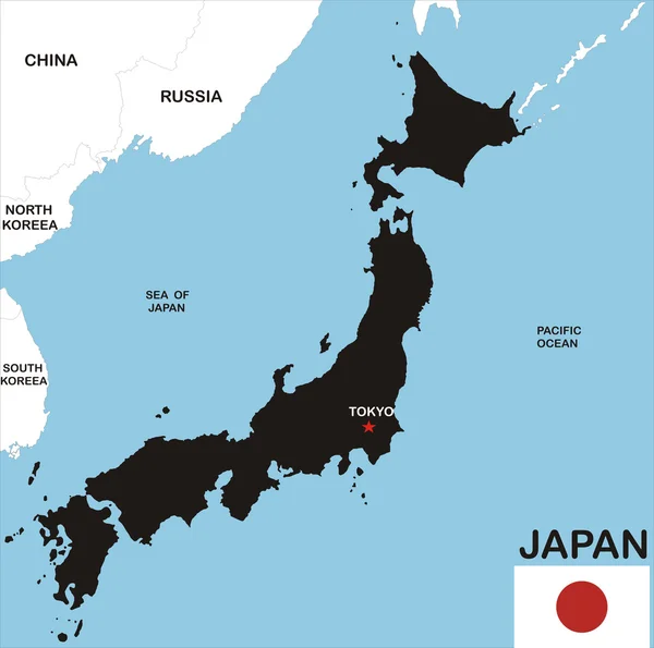 Μαύρο Χάρτη Της Ιαπωνίας Χώρας Τους Γείτονες Και Εθνική Σημαία — Φωτογραφία Αρχείου