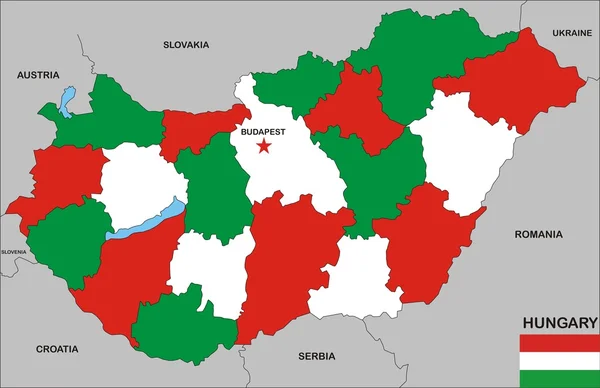 Χάρτης Της Ουγγαρίας Χώρας Τους Γείτονες Και Εθνική Σημαία — Φωτογραφία Αρχείου