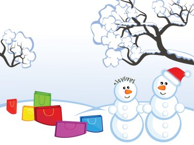 The Winter landscape. The Pair an snowmen. Around them packages with buying. clipart