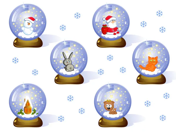 おもちゃガラス クリスマス ボールのセットです 内部にクリスマスのコミカルな図 ベクトル 分離されました — ストックベクタ