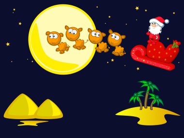 Noel Baba, deve arabasında uçar. gece manzarası, palmiye ağaçları, kum, piramitler. çizgi roman. izole.