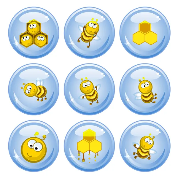 Set Buttons Funny Bees Honeycombs Honey Comical Images — Stock Vector