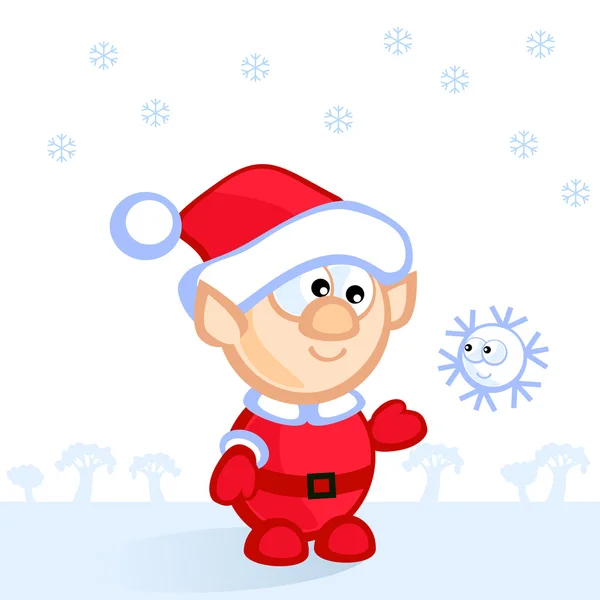 Cute Christmas Elf Catches Fun Snowflake Comics Isolated Background — Stock Vector