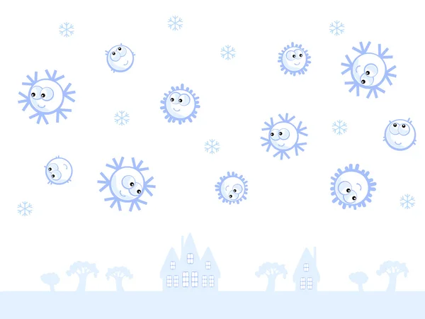 Fondo Invierno Copos Nieve Cómicos Voladores Sonríen Aislado Azul Blanco — Vector de stock
