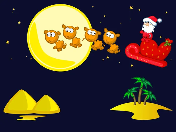 Santa Claus Vliegt Kameel Kar Nacht Landschap Palm Bomen Zand — Stockvector