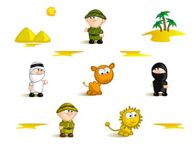 A set of Isolated Comic figurines. Tourism theme. Africa, safari, deserts. National flavor. clipart