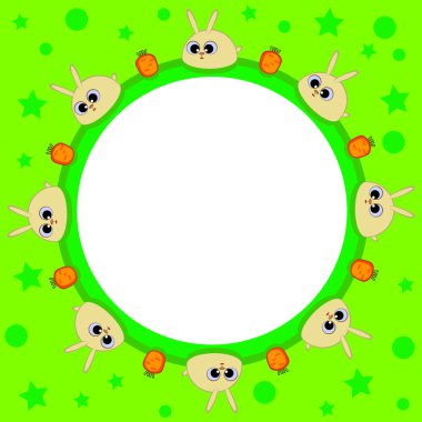 Within a round shape. Children. Green. Cute bunnies and carrots. Easter. clipart