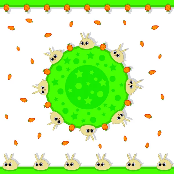 ウサギは 緑色のボールに座っています にんじんのはえの周り絶縁の装飾品のセット グッズ — ストックベクタ