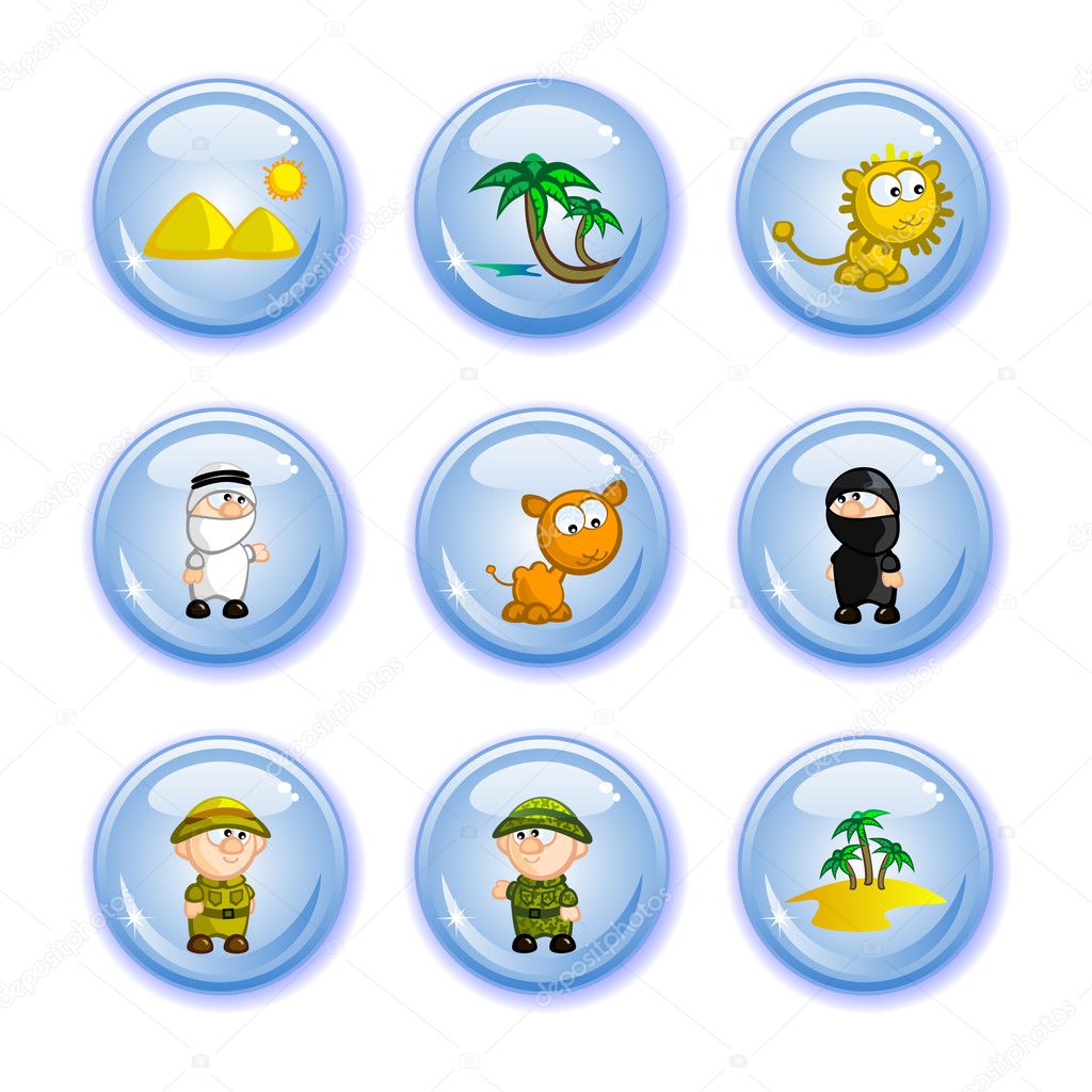 A set of buttons tourism theme. Comic figurines. Africa, safari, deserts. National flavor. Isolated.