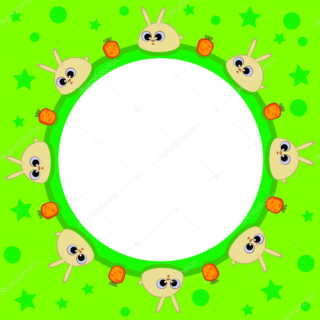 Within a round shape. Children. Green. Cute bunnies and carrots. Easter.