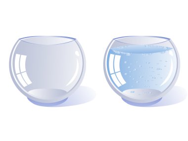 Two transparent glass vessel rounded. One empty and one filled with clean water. Glasses. Aquariums. Isolated on white background. clipart